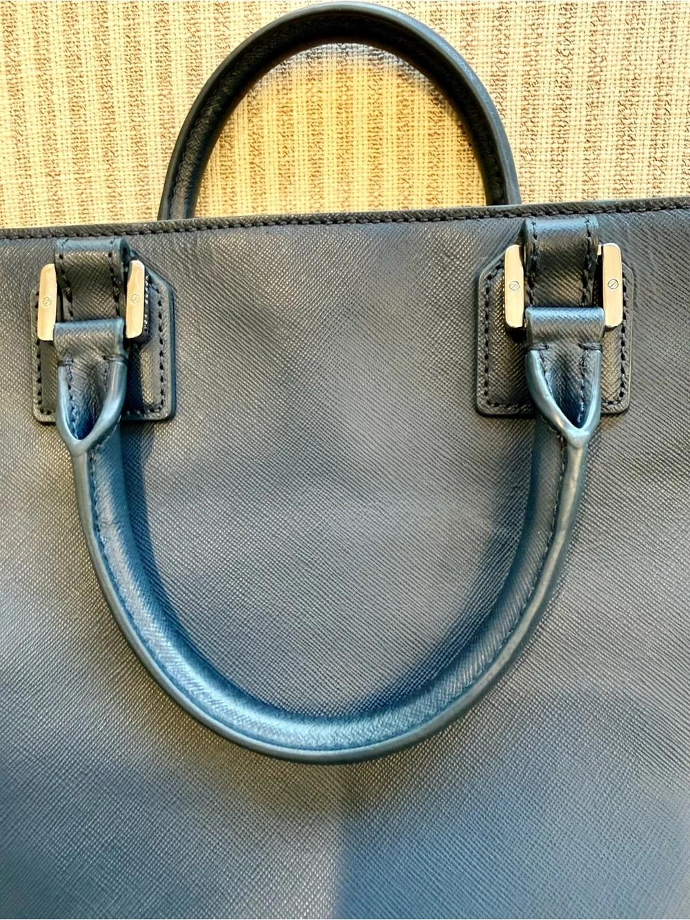 Tory Burch Navy Leather Top-Handle Tote w/ Silver Logo in Excellent Condition